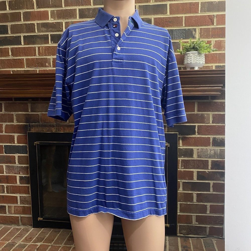 Tommy Hilfiger Golf Polo Shirt Mens Size M Blue‎ White Striped Short Sleeve